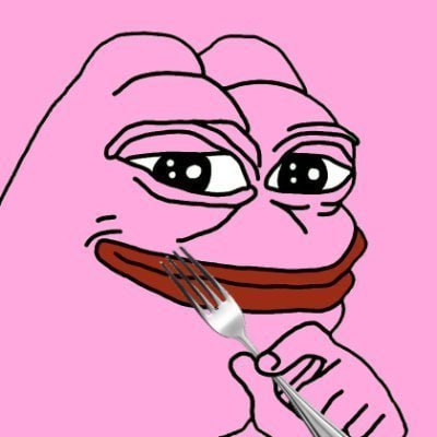A pink Pepe holding a fork.