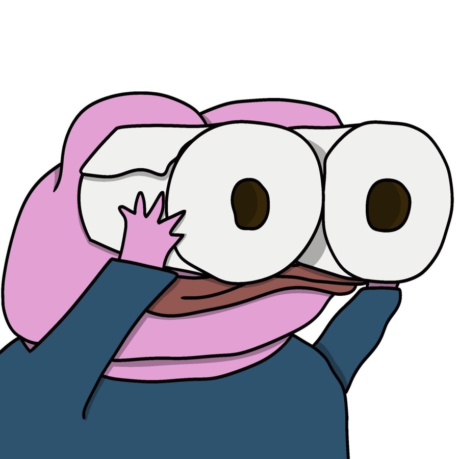 A pink Pepe holding two rolls over its eyes.